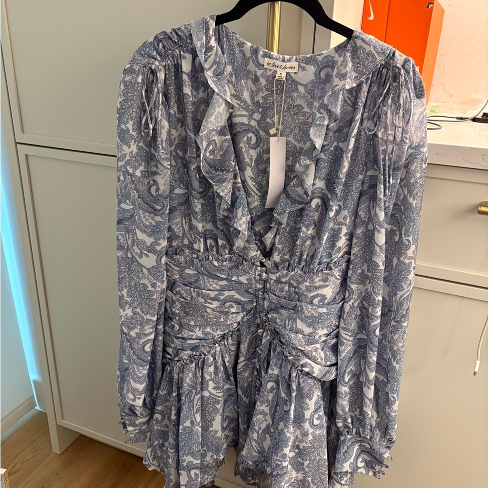 For Love & Lemons NWT Blue Paisley Ruffle Long Sleeve Floral Dress